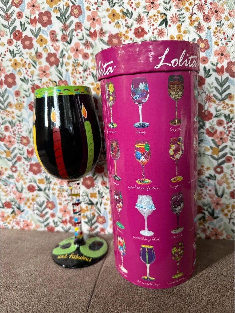 Lolita 50 and Fabulous Hand Painted Wine Glass w/ Original Box